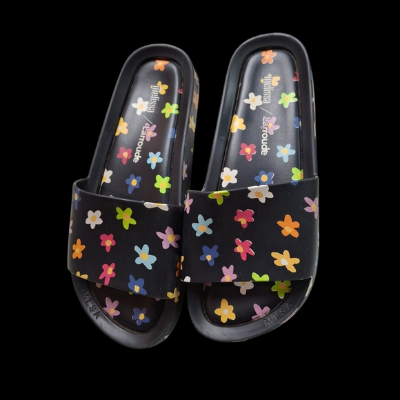 Melissa x Larroude Black Multicolored Floral Motif Rubber Slip-On Slides Size 7 - Picture 4 of 16